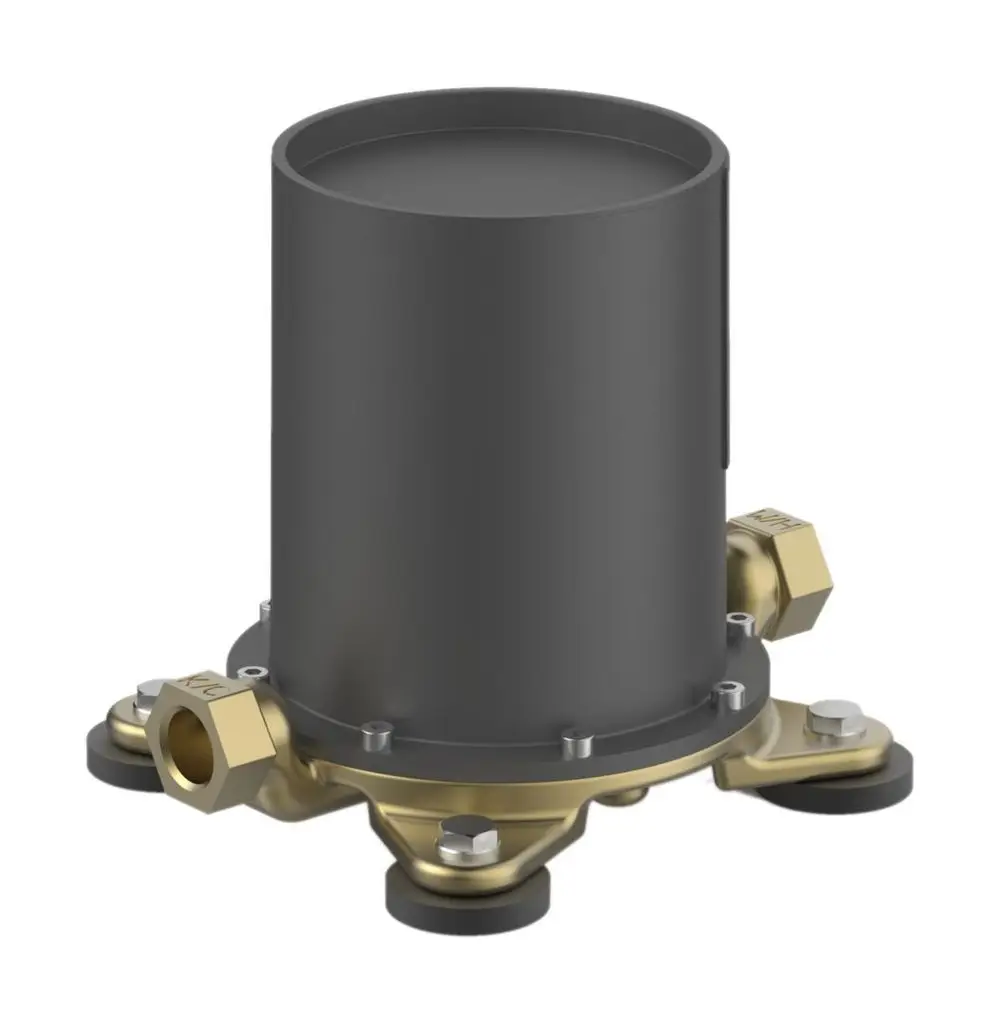 HANSAVARIO Bauteil mit zylindrischem, schwarzem Gehäuse und goldfarbener Basis. Verschraubungen an den Seiten zur Installation.